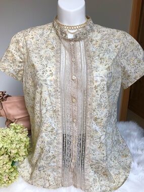 Vtg Earthy Floral Lace Trim Cottagecore Blouse Size XL
